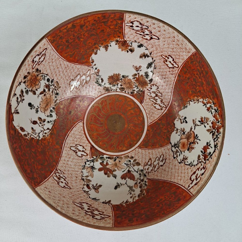 Japanese Kutani Porcelain Bowl Orange Pink Gold White Florals Vintage